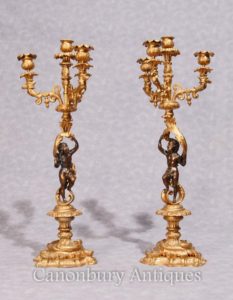 Par O Império Francês Antique Ormolu Candelabras Dore Querubim Velas