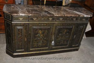 Antique French Black Lacquer Commode Sideboard Chest with Chinoiserie