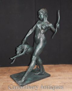 Lifesize Bronze Diana the Hunter Statue Dog Arquitetônico Casting Figurine