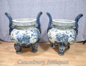 Pair Chinese Blue and White Nanking Porcelana Planters Incense Temple Burners Pots