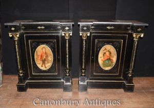 Par Antique French Ebonized Cabinets Painted Plaques Credenza Sideboard