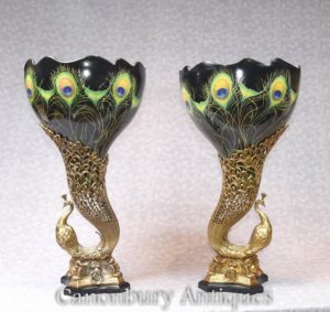 Par Art Nouveau Porcelain Peacock Vases Urnas de pássaro