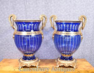 Par Blue French Empire Bulbous Vases Urns Ormolu Fixtures