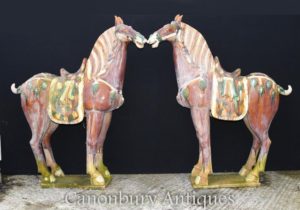 Par Grande Porcelana Chinesa Tang Cavalos Pony Cerâmica China Horse
