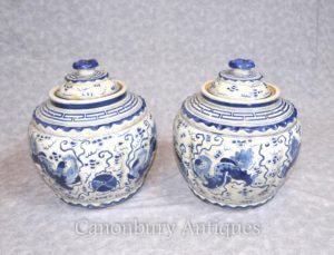 Par Kangxi Ceramic Lidded Urnas Vasos Potes Chinês Porcelana Azul e Branco