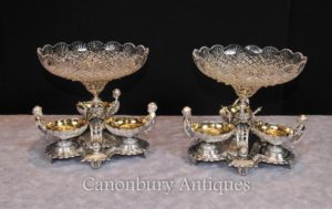 Par Sheffield Silver Plate Cherub Glass Bowl Comports Dippers Centerpiece