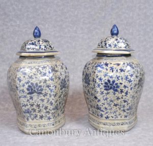 Par chinês Nanking Porcelana Ginger Temple Urnas Jarras Vasos