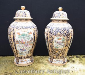 Par grande chinês Qing porcelana templo jarros de gengibre Lidded vasos urnas