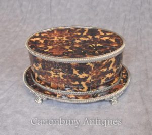 Sheffield Silver Plate Oval Box Caixa de jóias Faux Tortoiseshell