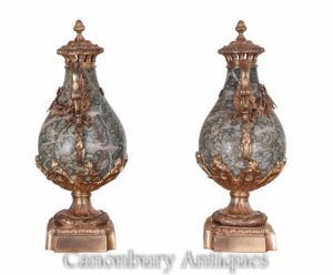 Antique Empire Cassoulets Urns - Par Mármore Cisne Vasos 1880