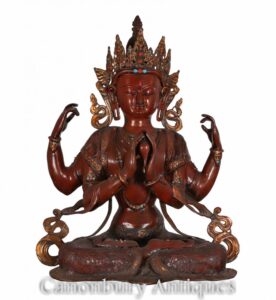 Estátua do Buda Amitabha esculpida à mão - arte budista nepalesa multi-armada