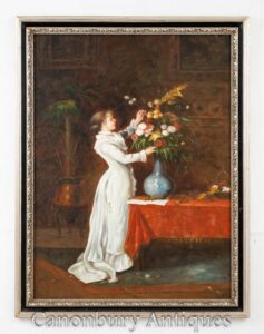 Menina com arranjo de flores em pintura a óleo vitoriana - retrato floral