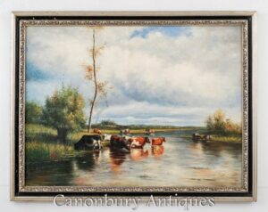 Pintura a óleo vitoriana Pastoral River Scene Paisagem Constable