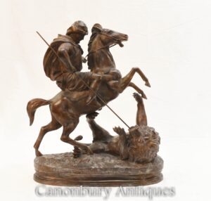 Escultura de Leão Cavalo Árabe Bronze Francês Matado por Barye