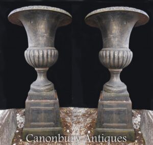 Pair Garden Urns - English Cast Iron Campana Planters