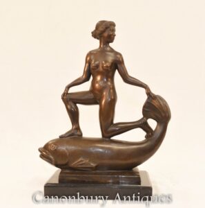 Estátua de Fremiet Bronze Feminino de Nu e Peixe - Escultura Clássica Francesa
