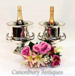 Par de baldes de champanhe com placa de prata - vasos refrigeradores de vinho em Art Nouveau