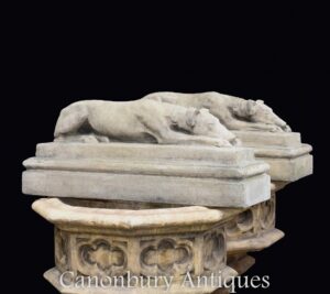 Par de estátuas de cachorro dormindo em pedra - estátuas clássicas do guardião do cão