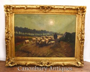 Pintura a óleo antiga paisagem de fazendeiro de ovelhas vitoriana 1880
